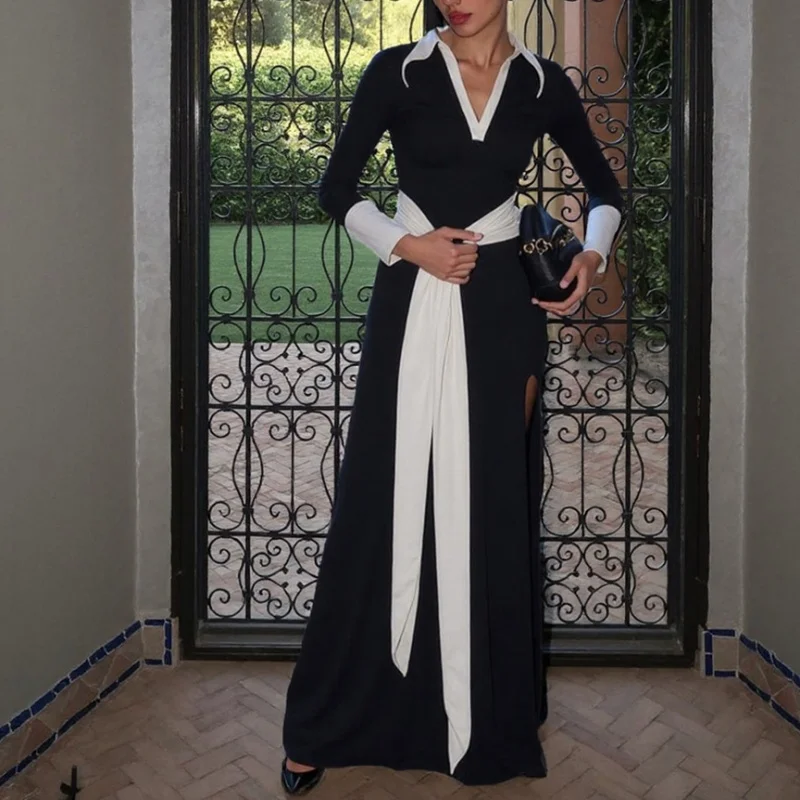 

Ladies French Style V-Neck Slim Fit High Waist Strap Long Dress Contrasting Colors