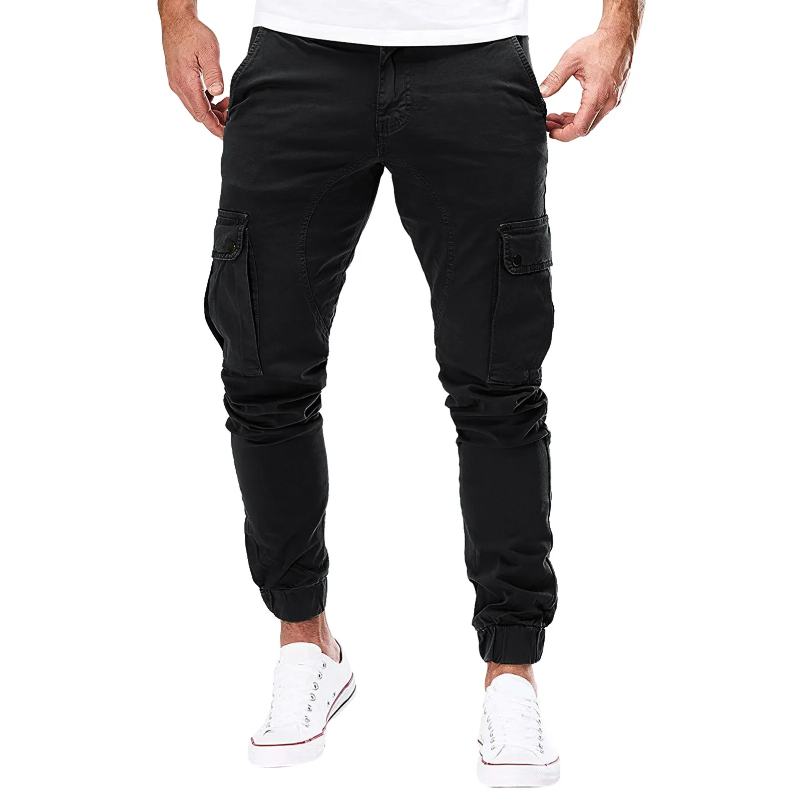 Pantalones de paracaídas para hombre, peto con bolsillo y corbata, Color sólido, moda deportiva de ocio, Men11