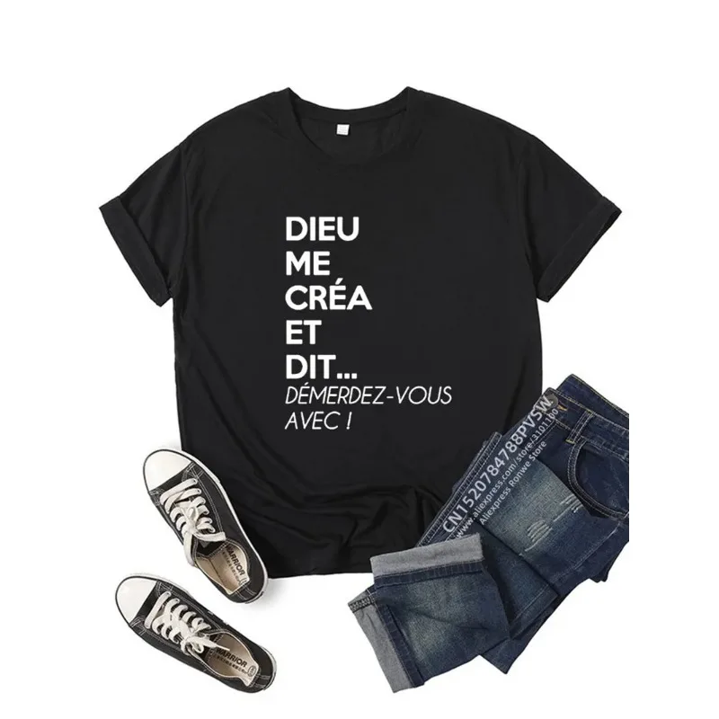 France Letter Dieu Me Créa Et Dit Démerdez-Vous Avec Graphic T-shirt Girl Y2K Harajuku Black Pink Red New Tee Tops