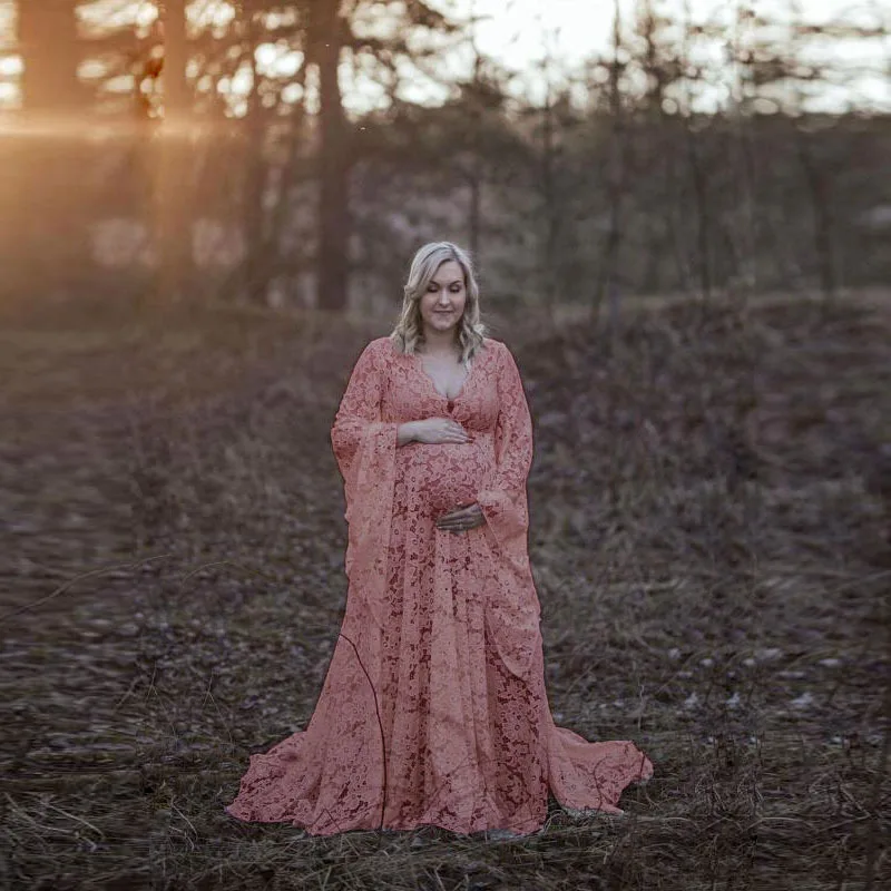 Pizzo donna abiti premaman accappatoio incinta scollo a V maniche lunghe abiti da sera servizio fotografico fotografia festa Prom Sleepwear