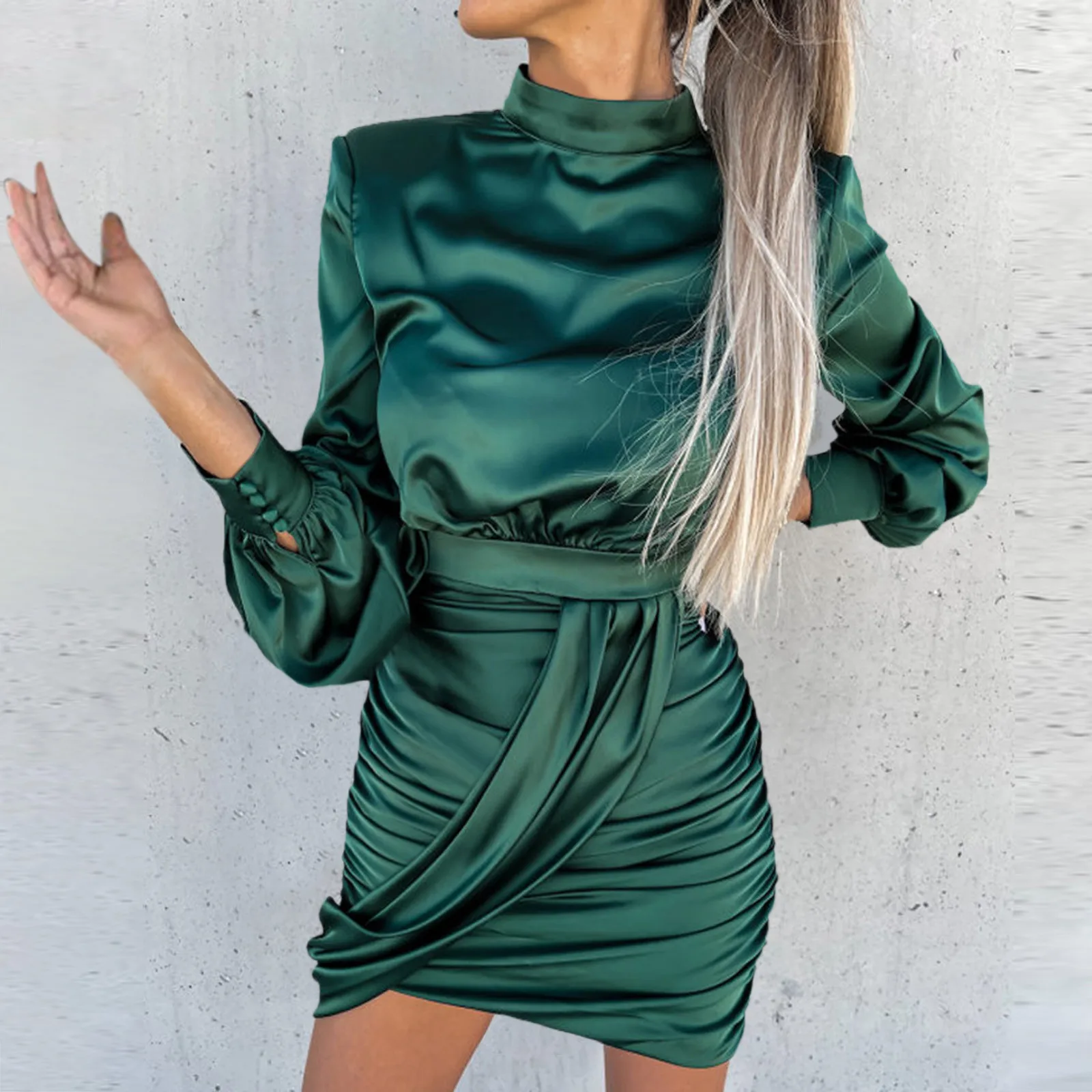 Women Elegant Turtleneck Solid Draped Party Dress Long Sleeve Casual Satin Dress Autumn Spring Bodycon Office Lady Mini Dress