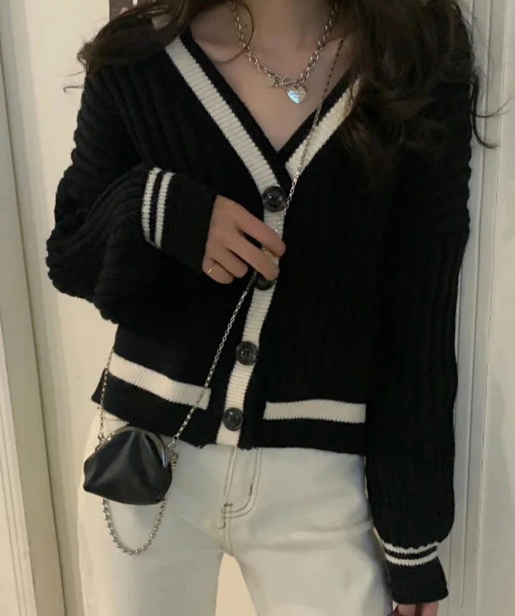 

Свитер женский полосатый повседневный свободный свитер с v-образным вырезом и пуговицами пальто элегантная зимняя одежда