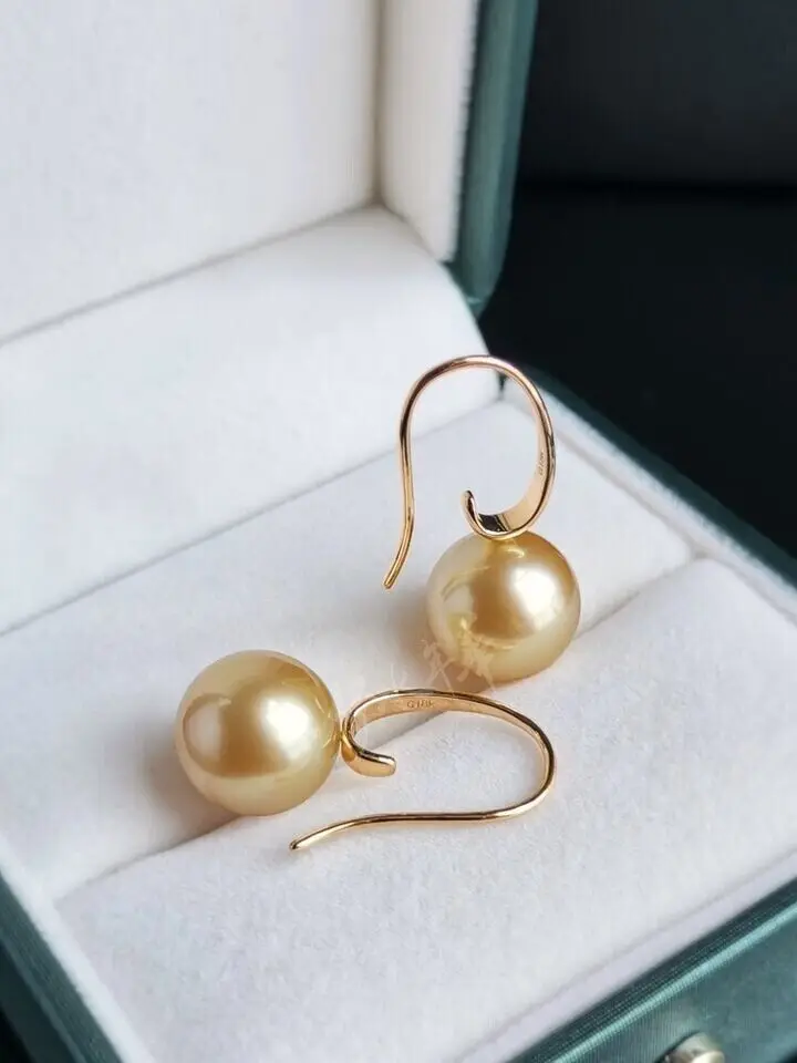 AAA+ 8-9mm Real Natural South Sea Gold Round Pearl Earrings Women Hook Earrings