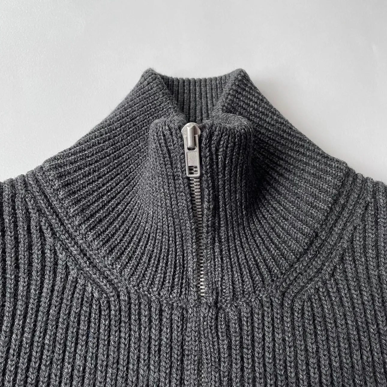 Hand Sewn Four Cornered Gray High Neck Stand Up Collar Wool Double Zipper Knitted Cardigan Sweater Jacket for Men