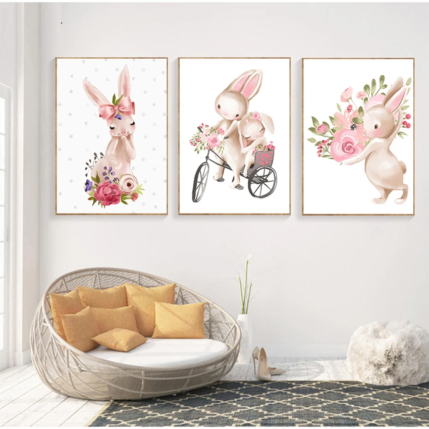 Pink Flowers Cartoon Picture Girl Baby Room Decor Bunny Poster Paintings Animals Nursery Wall Art Print Rabbit Canvas Painting