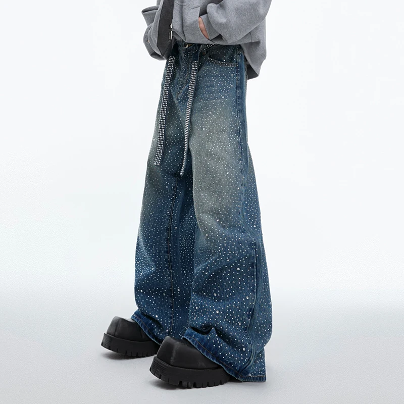 FEWQ New Starry Ribbon Jeans Niche Loose Wide Leg Pants 2024 Vintage Korea Fashion Male Trousers High Street 24E2100