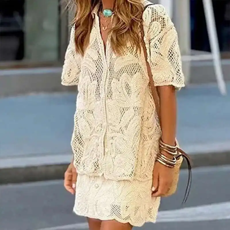 Fashion Button Slim Holiday Outfit Lady V Neck Short Sleeved Top With Mini Skirt Sexy Hollow Out Knitted Beach Women's Set