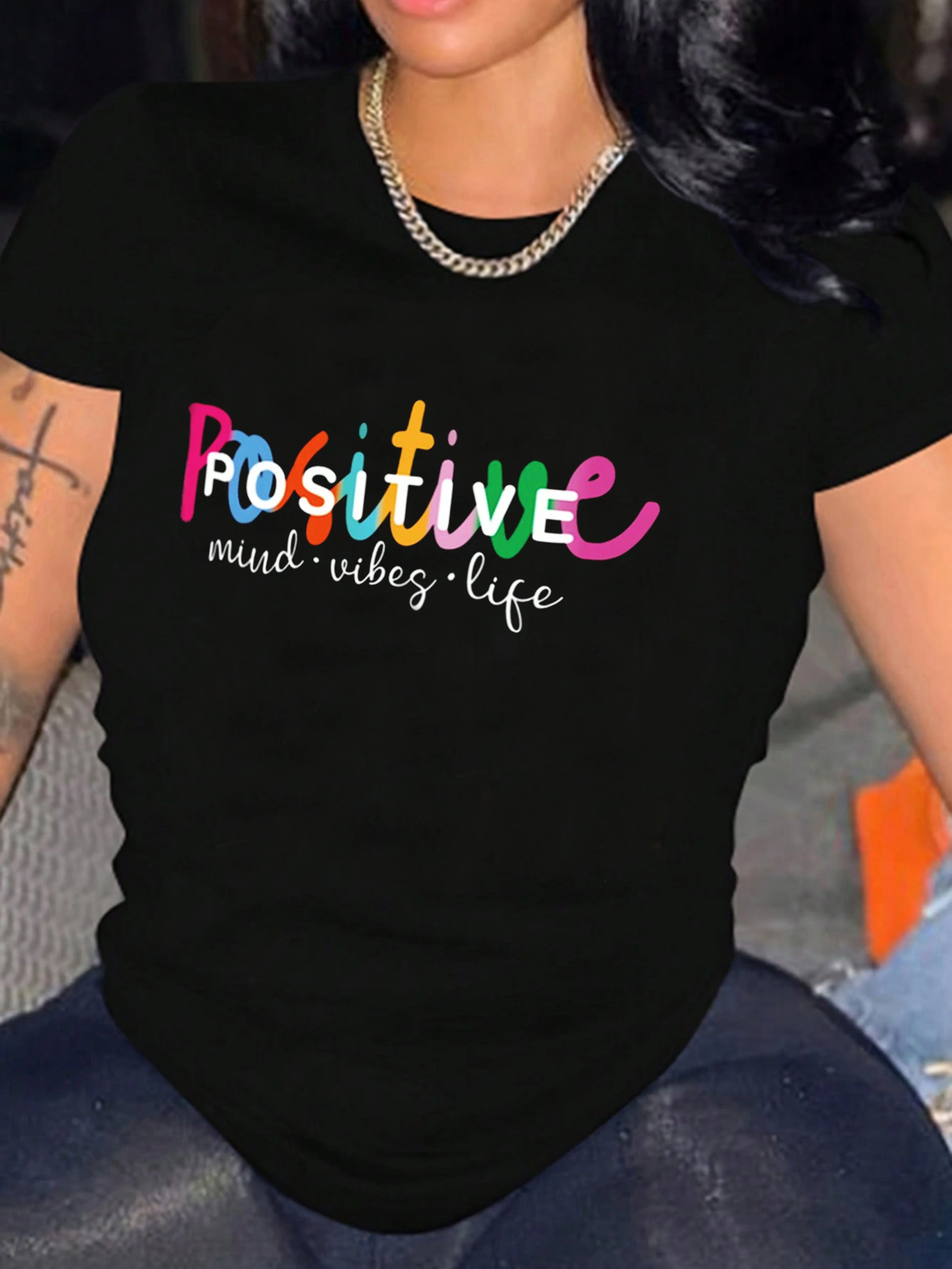 

Women's Positive Letter Print Sports T-shirt - Fashionable Short Sleeve Round Neck Activewear Top