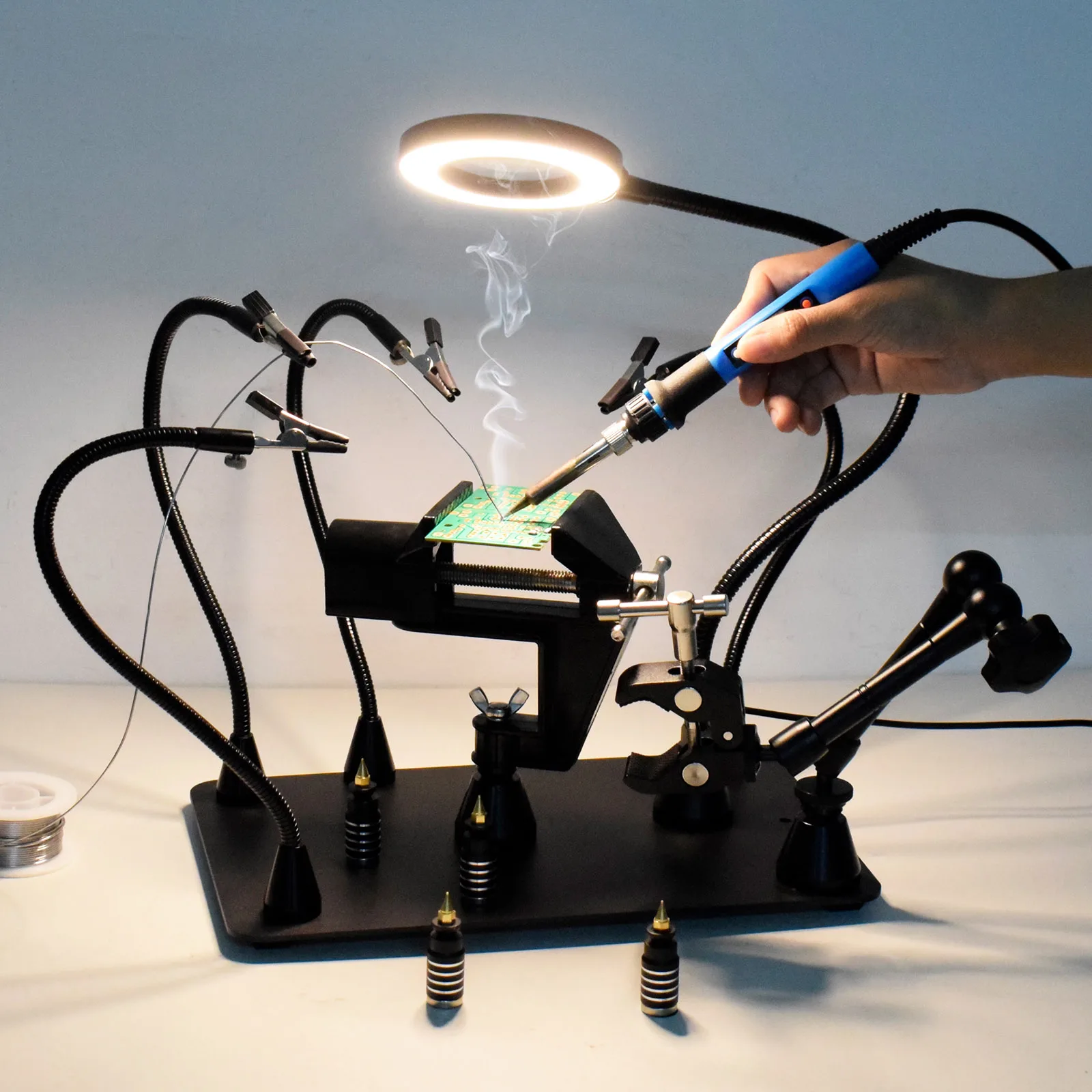 Toolour Magnetic Helping Hands Soldering Third Hand PCB Circuit Board Holder with 3X LED Magnifying Lamp 360° Hot Air Gun Holder