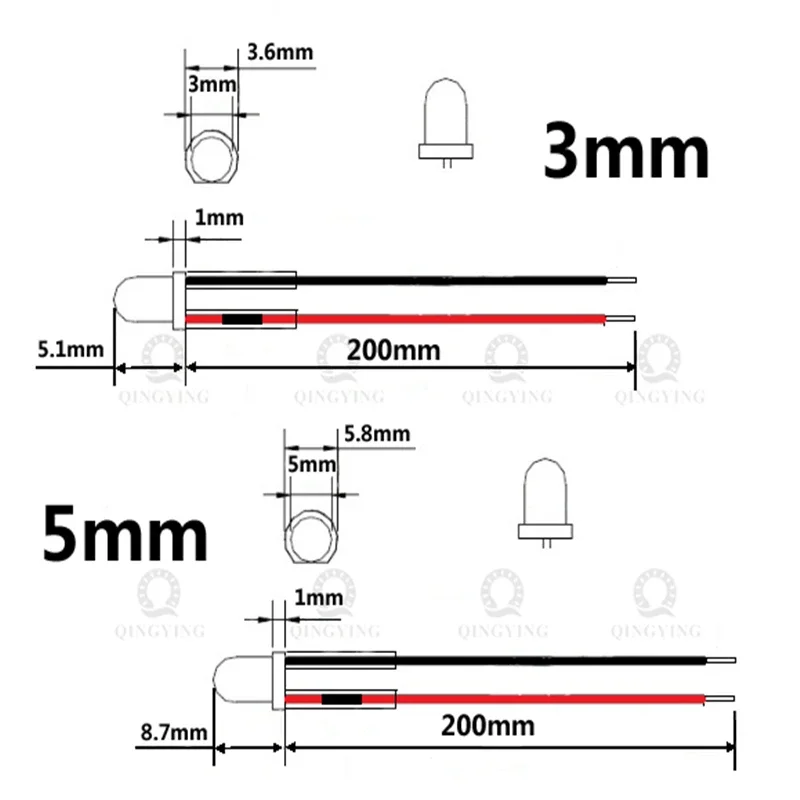 50 peças 3v 5v 12v 24v dc 3mm 5mm diodos led transparentes de água vermelho/verde/azul/amarelo/uv/laranja/rosa/quente/branco/rgb pré-fiado cabo de 20cm