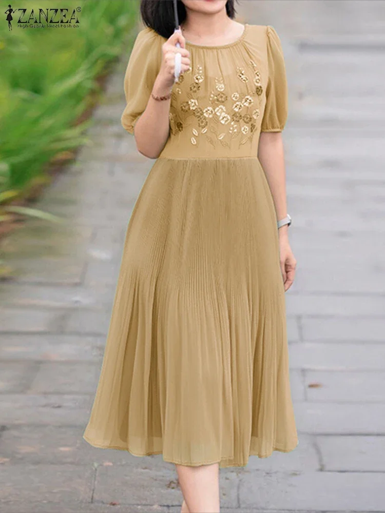 ZANZEA Casual Lose Gefaltetes Kleid Frauen Sommer Sommerkleid Vintage Floral Bedruckte Vestidos 2025, Mode Kurzarm Mid-Kalb robe