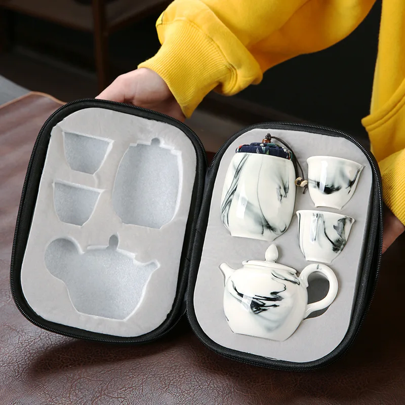 White Porcelain Quick Cup One Pot Two Cups Outdoor Travel Tea Set Portable Bag High-End Office Gift Ceramic Tea Set Teaware
