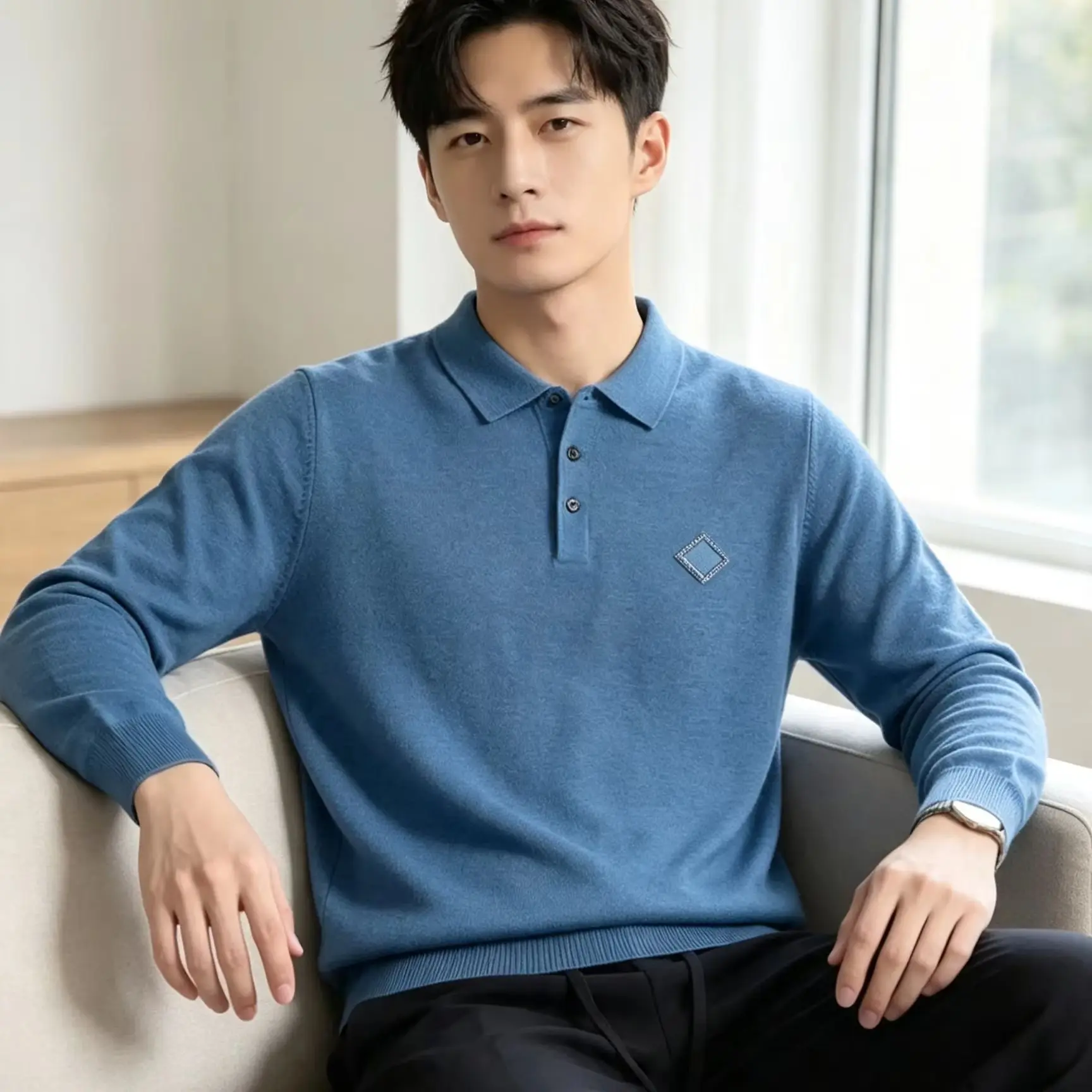 100% cashmere men's POLO shirt with lapels, long sleeve knitted sweater and simple wind bottoming shirt