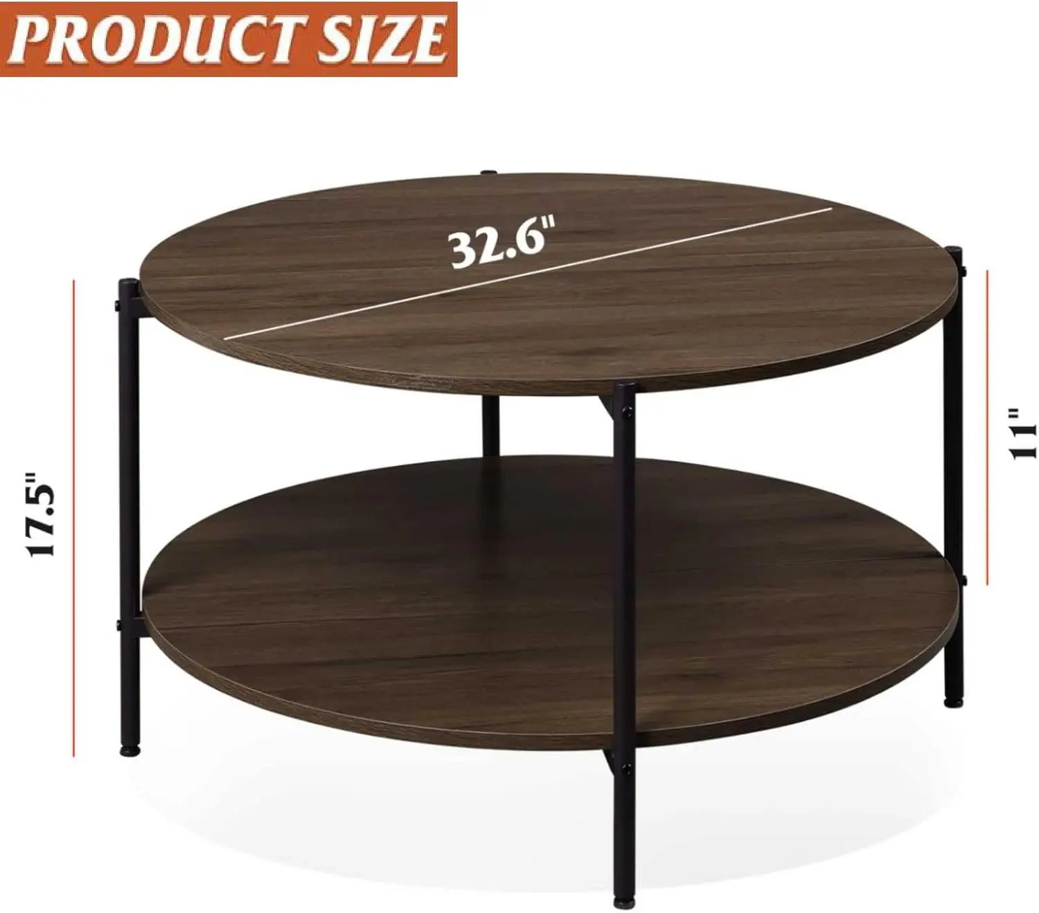 32.6" 2-Tier Industrial Round Coffee Table - Small Wood Circle Center Table with Open Storage
