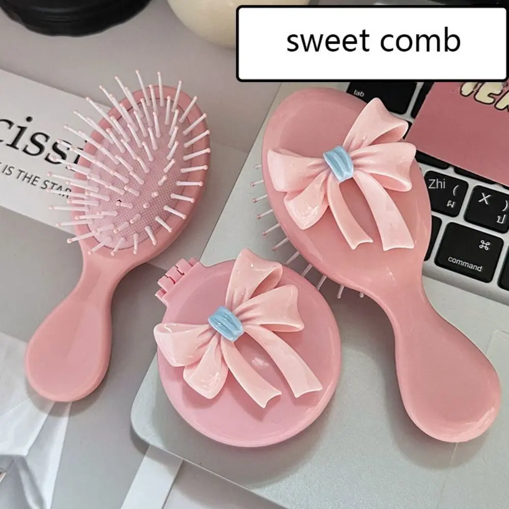 Durable Pink Round Folding Comb with Mirror Anti Static Bow Decor Air Cushion Comb Princess Style Compact Massage Comb Girl