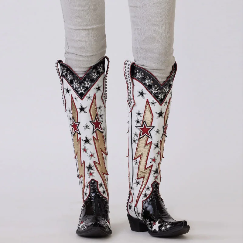 White Western Boots Ethnical Retro Knight's Boots Fashion Five-pointed Star Cowgirl Boots