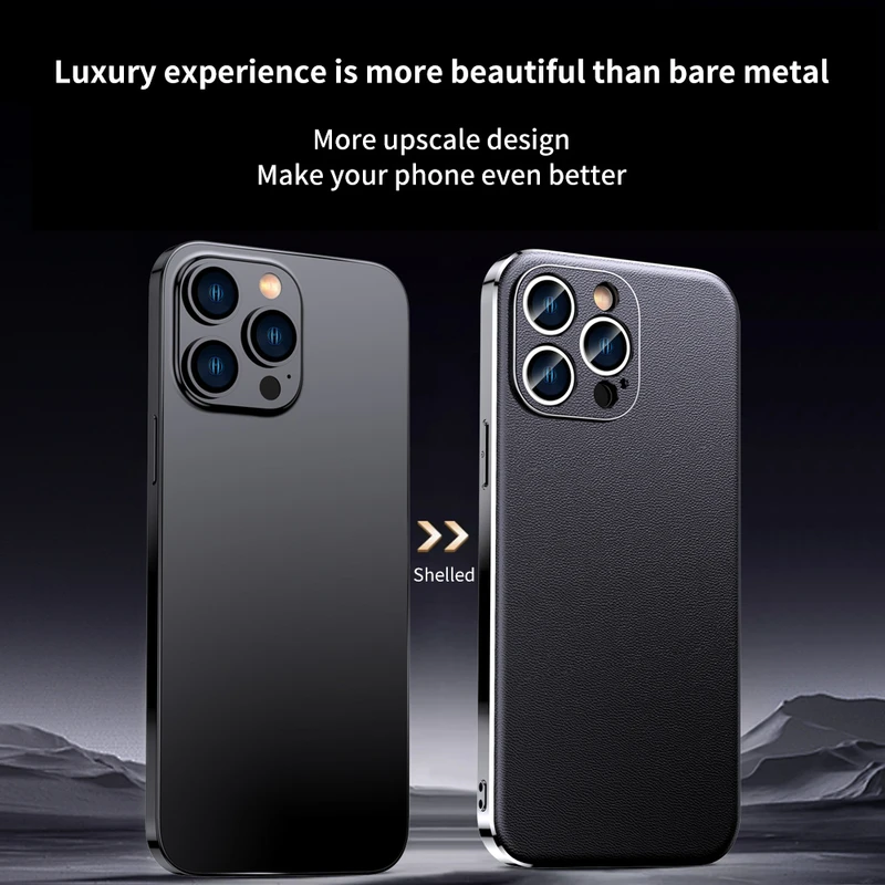 Luxury Genuine Cowhide Leather Phone Case for iPhone 11 12 13 14 15 15Pro Max Plating Shockproof Lens Protection Back Cove