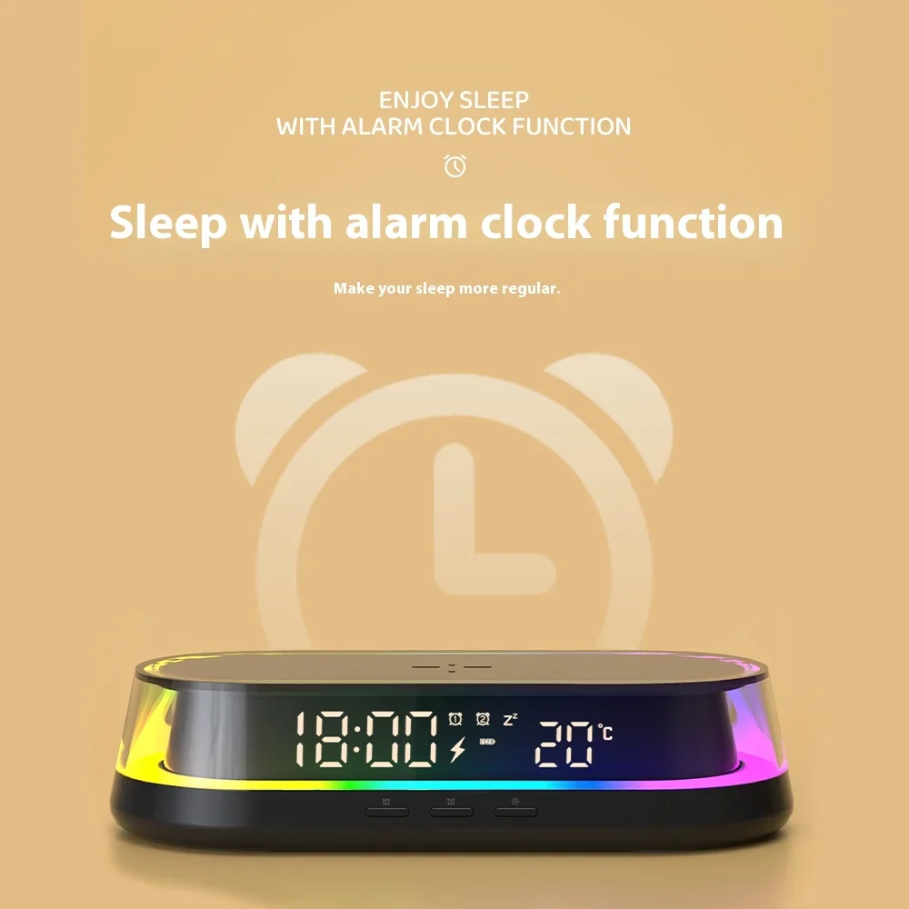 15W Wireless Charging Mobile Phone Holder Digital Clock Display Symphony Lights with Adjustable Brightness Bedroom Night Light