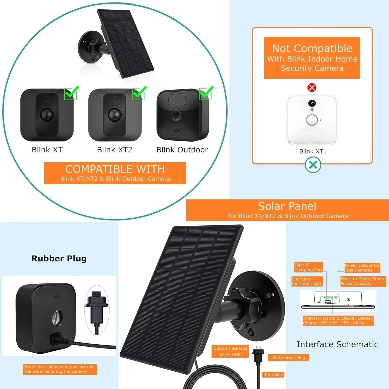 5200mAh Solar Battery Charger 2W Solar Panel Compatible With Blink XT/XT2 Outdoor Solar Panel Charger 5V USB For Blink Camera