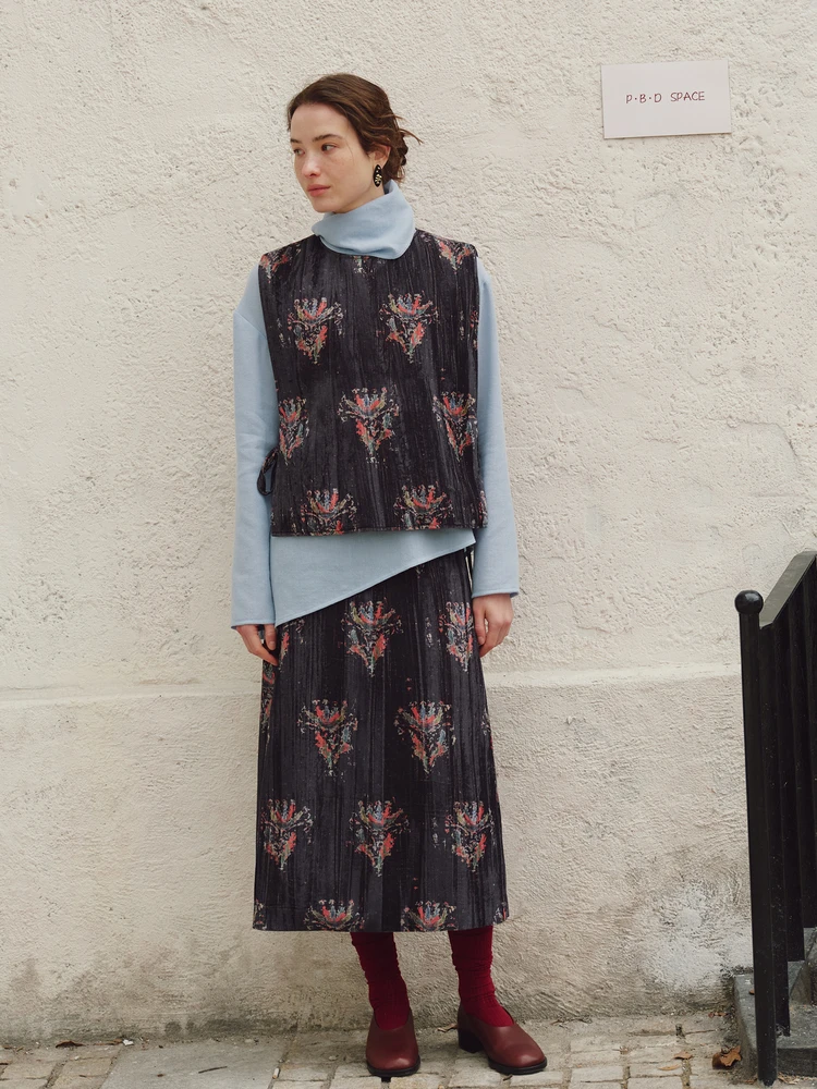 

Winter Chinese Sle Velvet Print Pleated Texture Belted Cotton Straight Cut f Skirt Women's High Waist Polyester Fiber