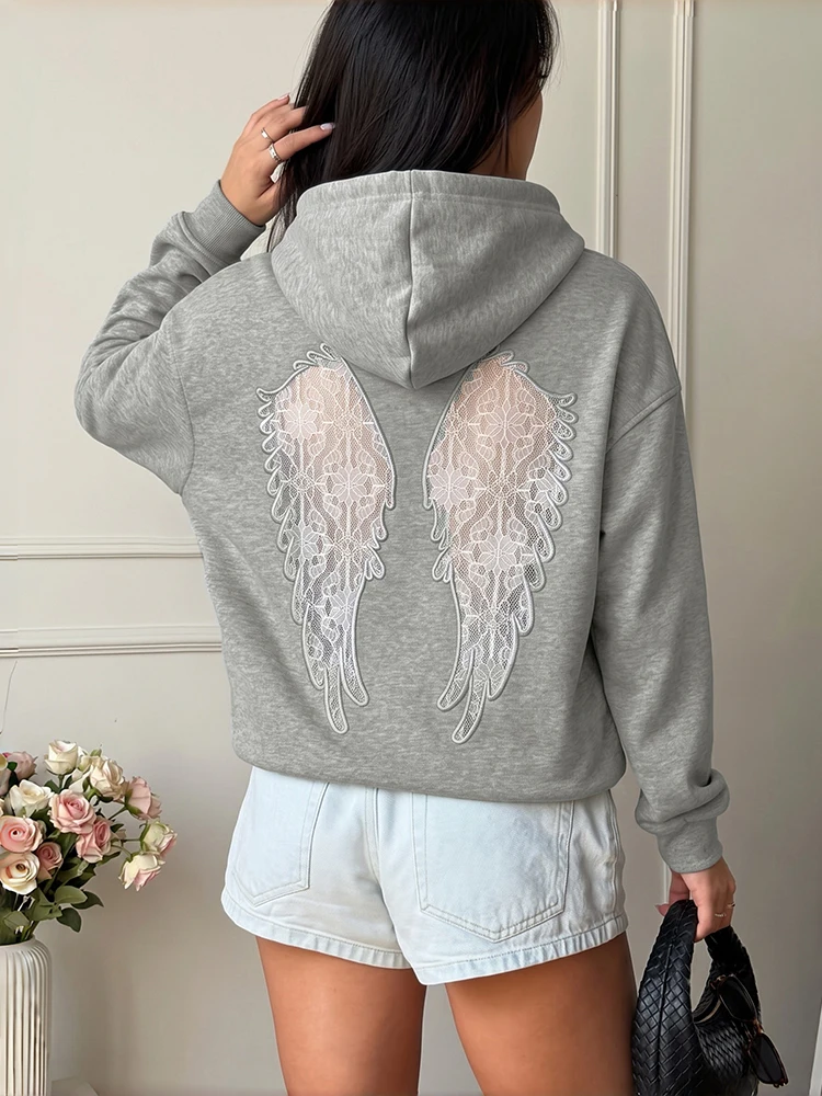 Nibber Langarm-Oberteil mit Flügelmotiv, Spitze, Rückenfreiem Design und Kapuze für Damen, Herbst-Trend, Eng Anliegend, Dehnbar, Modischer High-Street-Stil – Detail 32