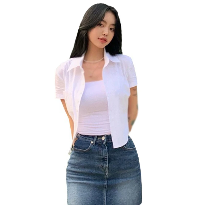 Summer Korean Version Solid Color Lapel Slim Fashion Temperament Sexy Short Sleeve Shirt Black