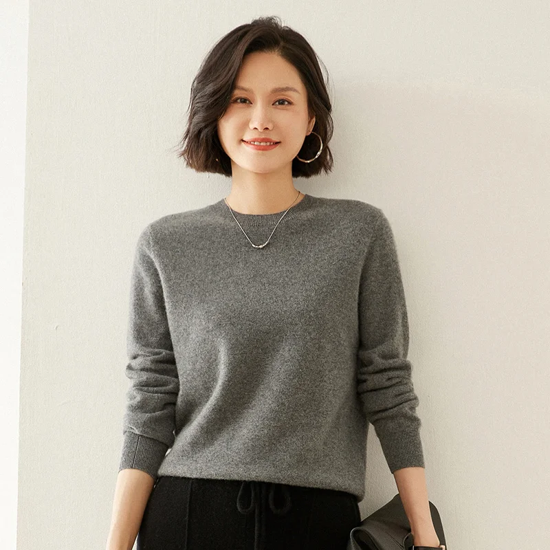 35% Cashmere Sweater Women's Casual Knitted Pullover Autumn and Winter Light and Warm 65% Wool Long-Sleeved Basic Round Neck Top