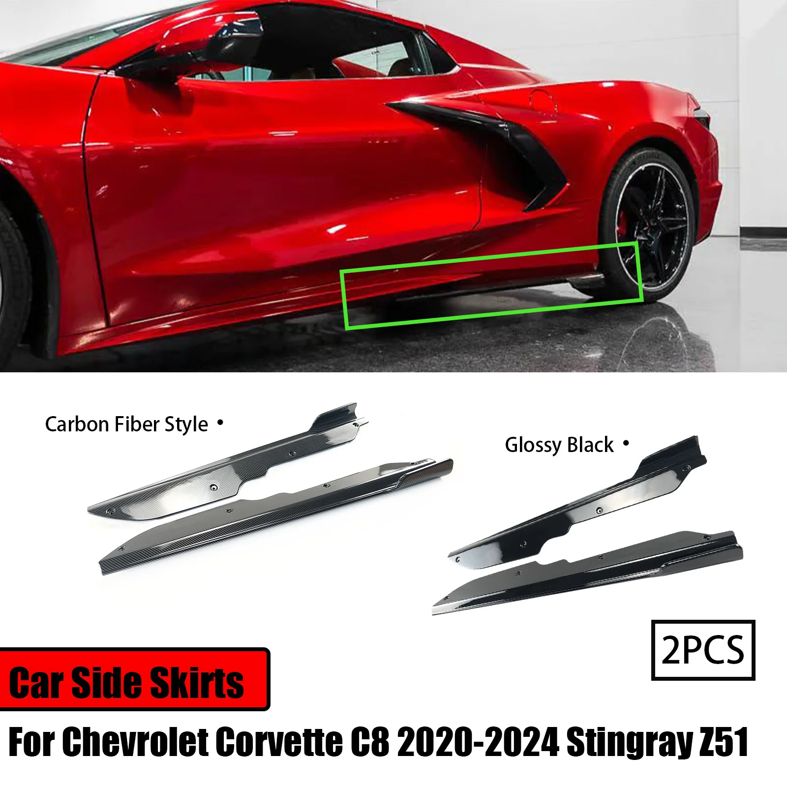 

For Corvette C8 2020-2024 Stingray Z51 Side Skirt Extension Splitters Winglet Lip Carbon Fiber Style Glossy Black ABS Plastic