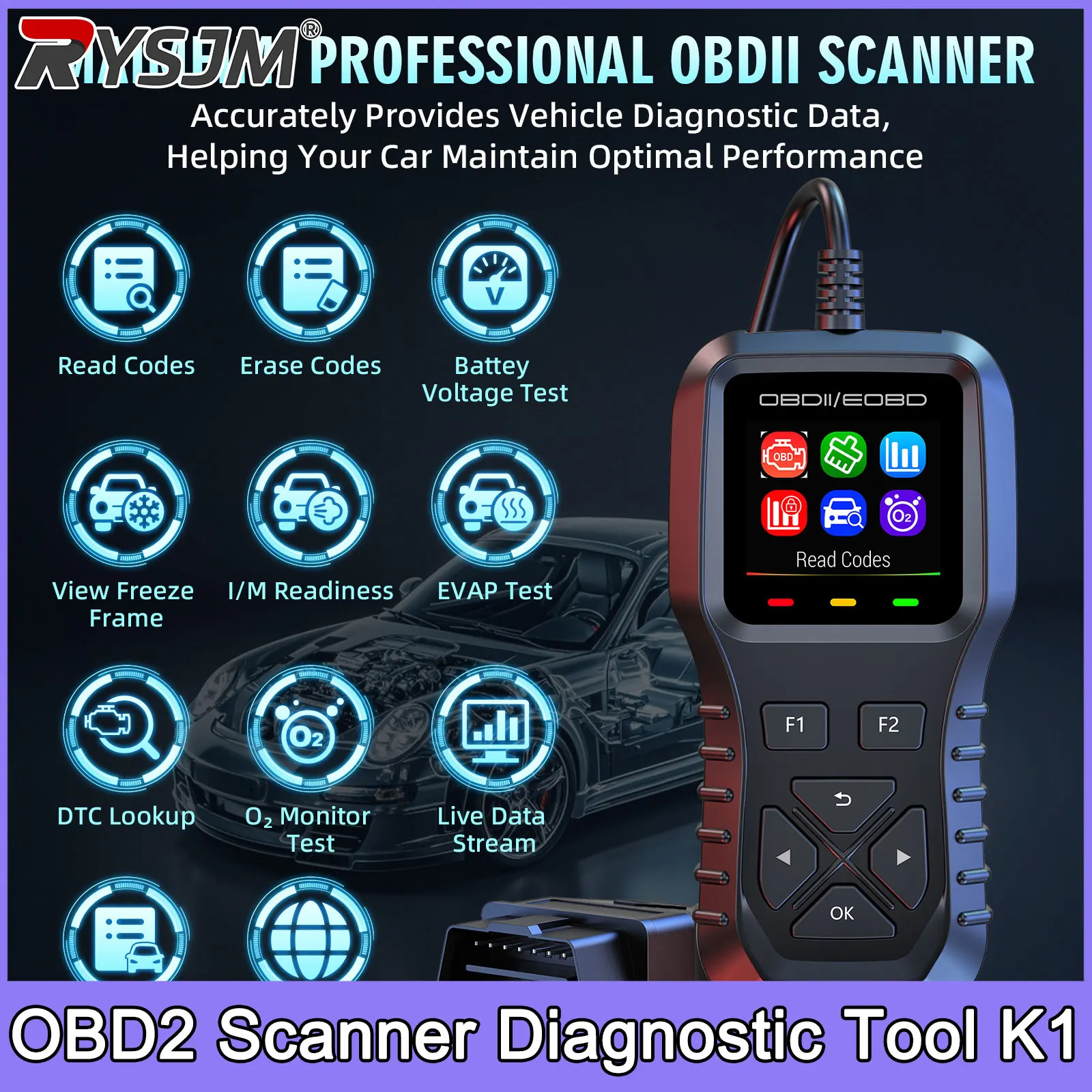 

Car OBD2 Scanner Diagnostic Tool K1 Code Reader Car Voltage Tester Engine Fault Code Scanner Oxygen Sensor Test Charging Tester