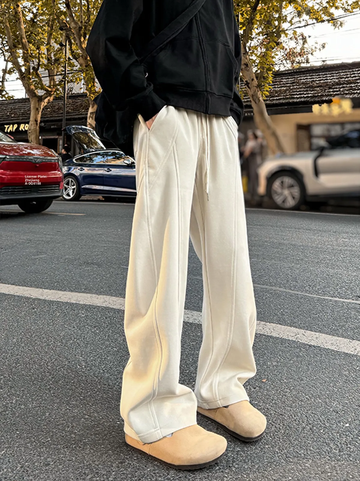 

Men's Autumn Winter Fleece Lined Drapey Waist Pants Trousers Casual Straight Leg Trousers Color Block Knife Trousers