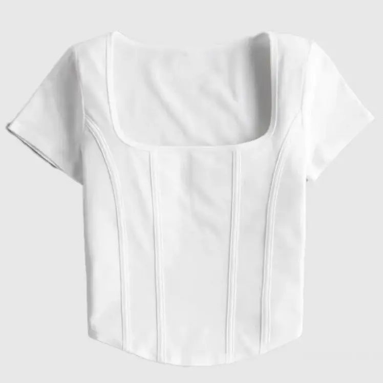 Square Neck Solid T Shirt Women Short Sleeve Summer Fish Bone Tee Casual Tank Top Fashion Crop Top Female Y2k T-shirt Streetwear