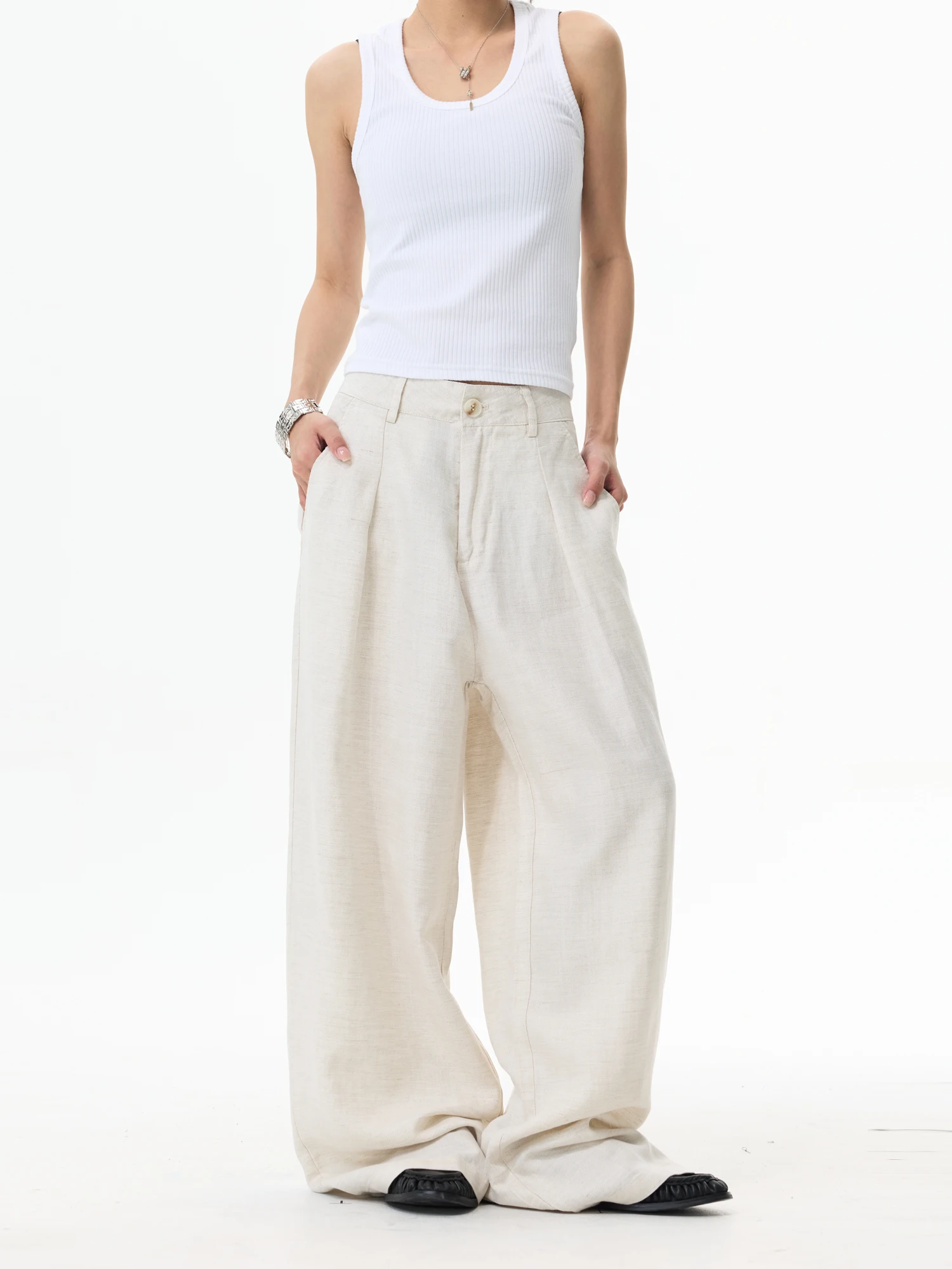 Yeboun Summer New Linen Silk Men's Loose Wide Leg Pants Retro Feel Casual Trousers Comfortable Fit Neutral Style 100% Linen