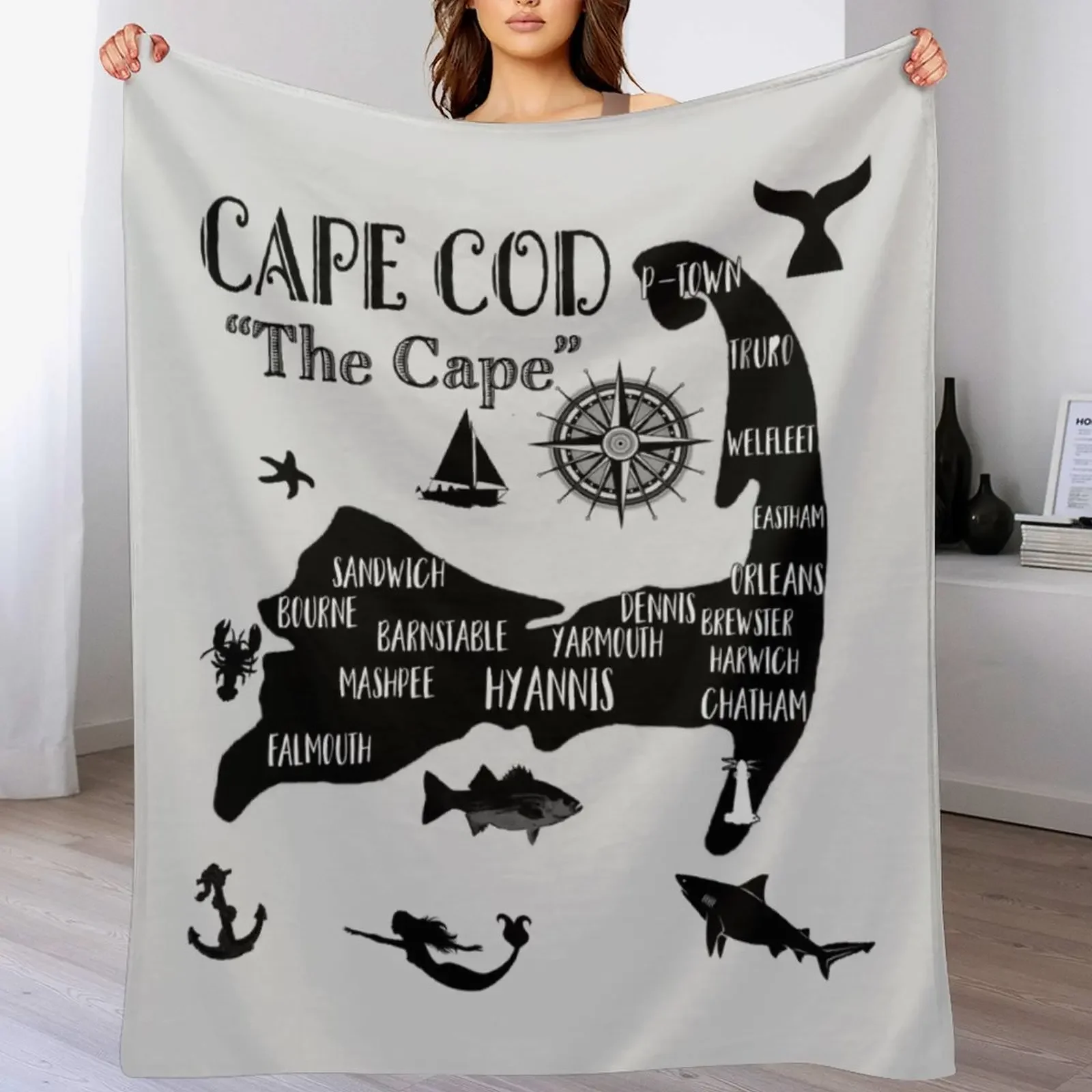 

Cape Cod Map Shark Souvenir Lighthouse Throw Blanket Soft Big Softest valentine gift ideas Personalized Gift Blankets