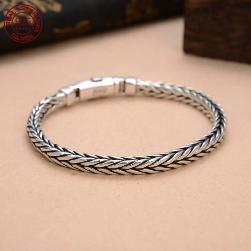 

Factory Price 100% Real Solid S925 Silver Handmade Woven Retro Domineering Style Ppersonality Keel Man and Woman Bracelets