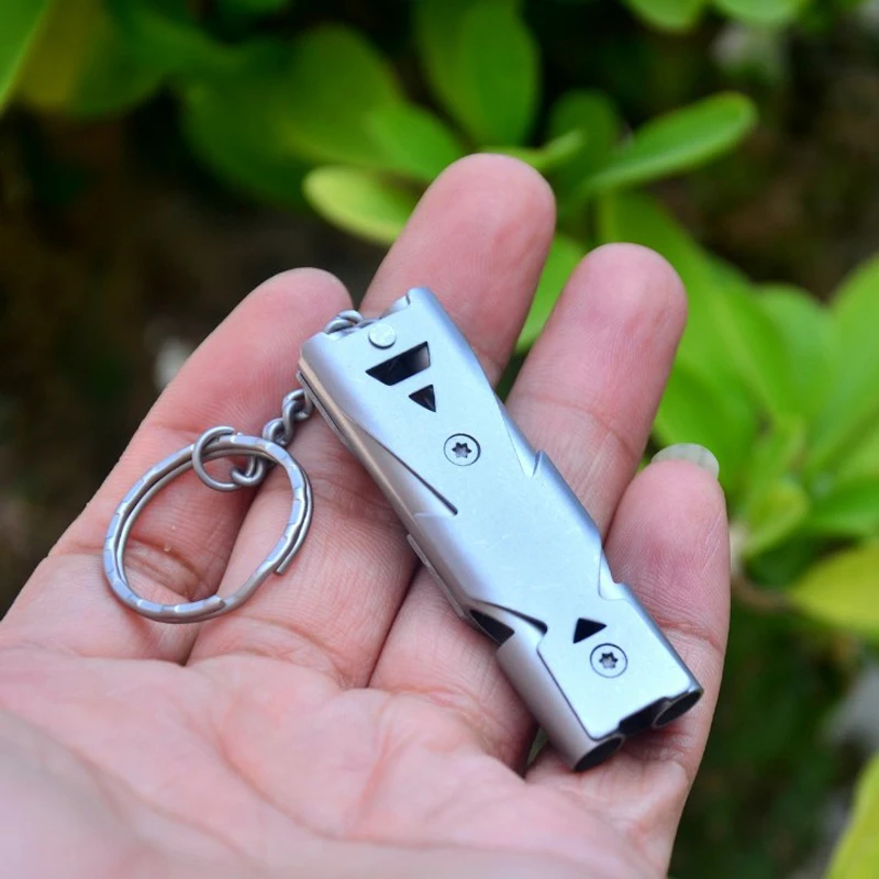 Outdoor EDC Survival Whistle High Decibel Double Pipe Whistle Stainless Steel Alloy Keychain Cheerleading Emergency Multi Tool