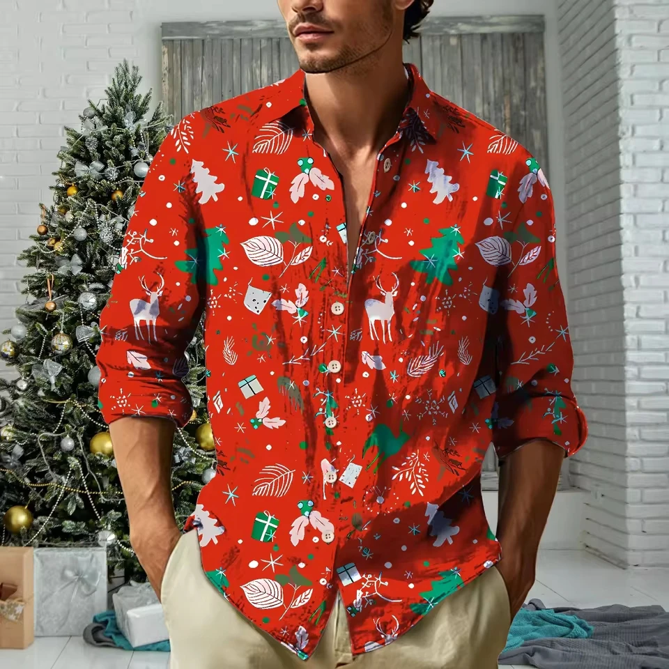 

Spring and autumn new men's fashion trend casual shirt digital print high quality Christmas carnival lapel long sleeve cardigan