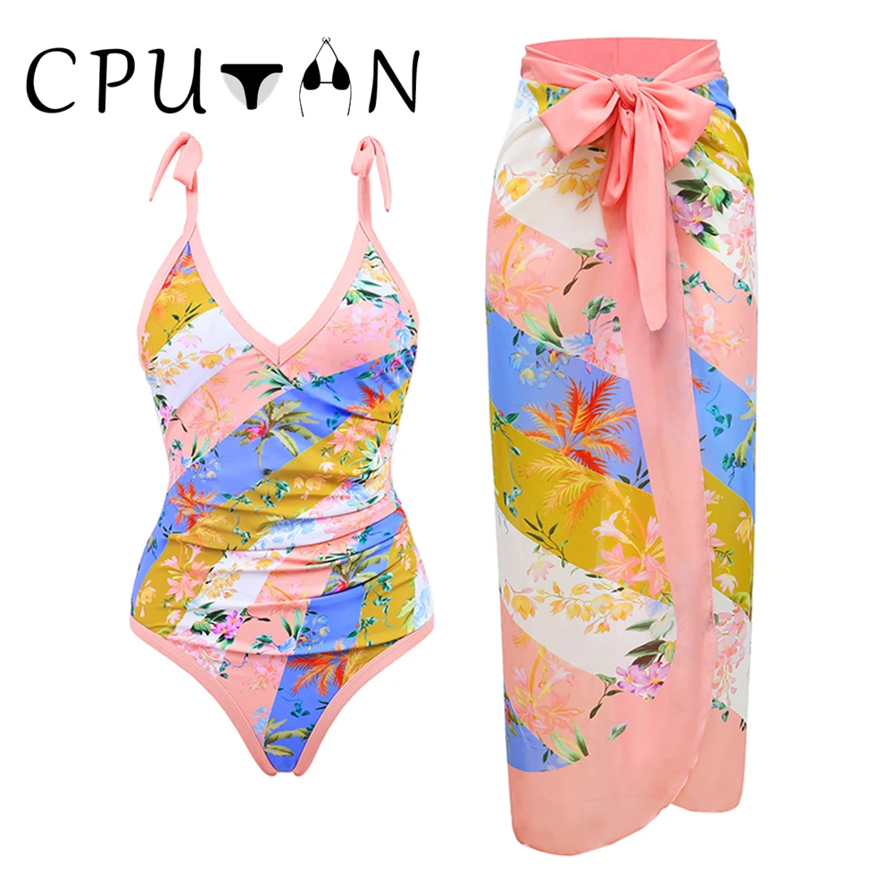 Sexy 2 pcs Bikinis Women Swimsuit 2026 New Print Ruched Tummy Control Swimwear With Skirt Bathing Suit Beachwear Biquini Female