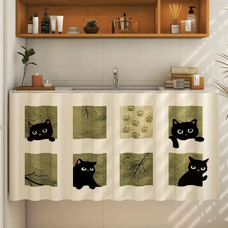 VIKAMA Four Black Cats Bathroom Cabinet Curtain for Sink Vanity Dust Cover Skirt Modern Aesthetic Hanging Home Decor