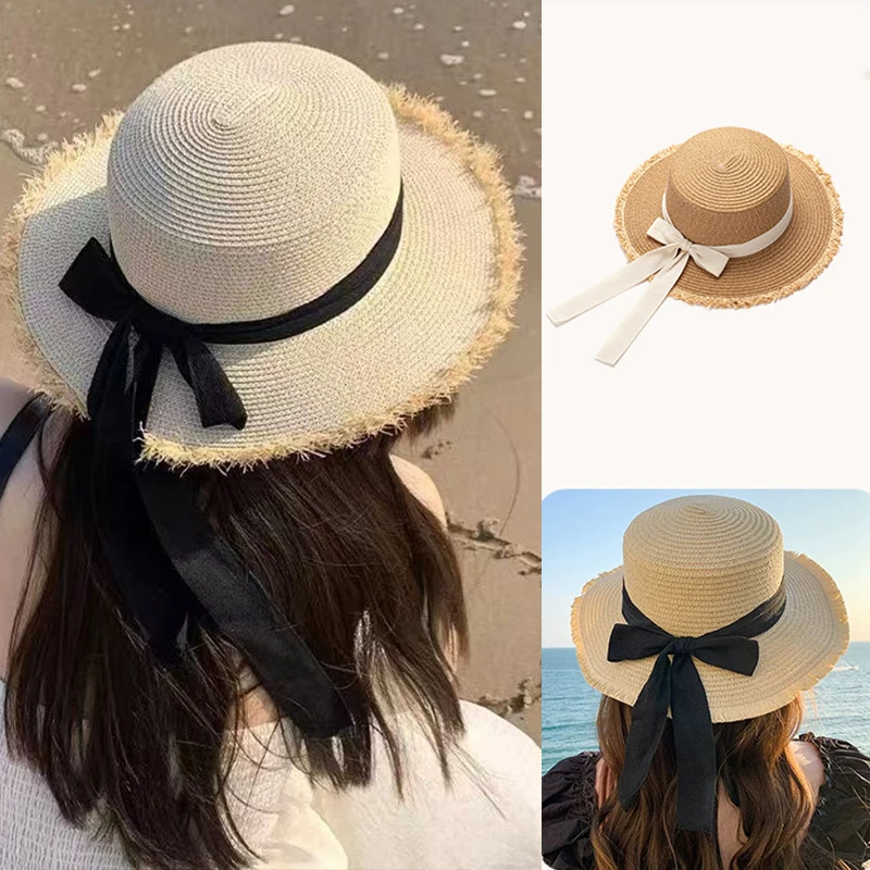 Korean Bow Women Straw Hat Summer Sunscreen Flat Top  display picture 3