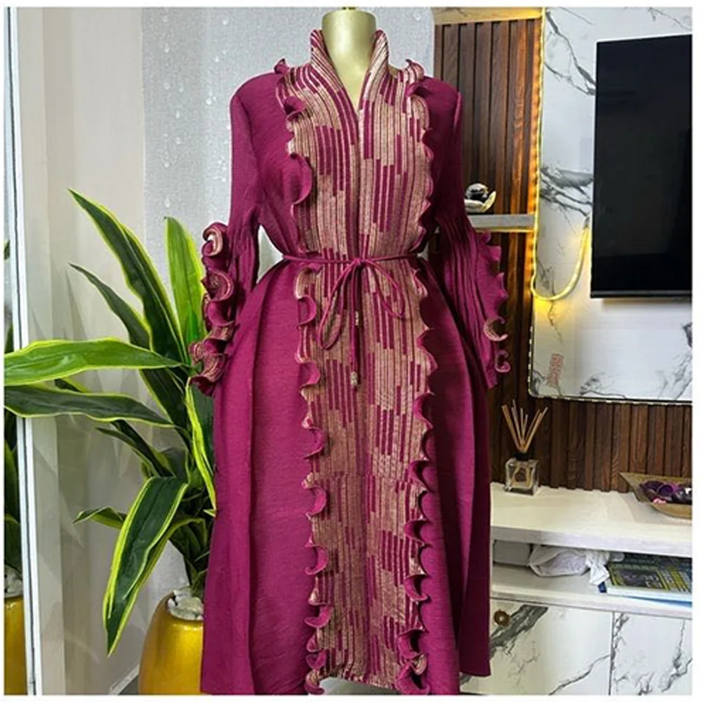 ANLAN Miyake Pleated High Strecth Dress Ruffles Full Sleeve with Belt Formal Dresses for Women 2025 Summer New Hot Sales 2AN8165