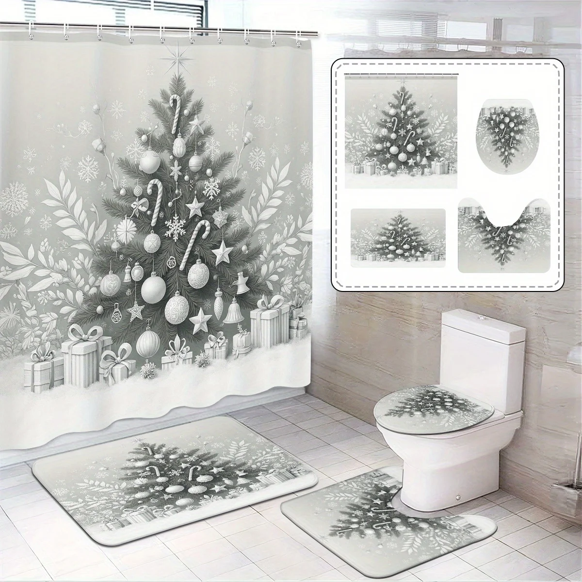 

4pc Christmas tree snowflake pattern bathroom decorations, shower curtains, U-shaped floor mats non-slip mats toilet seat covers