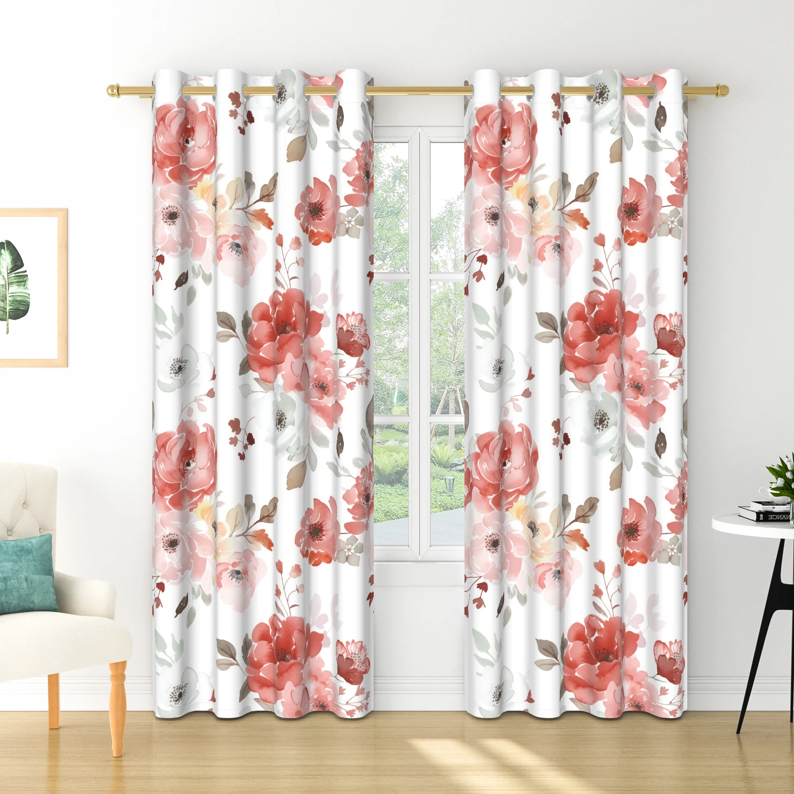 2 Panels Boho Watercolor Flower Print Blackout Curtains, Red Pink Floral Grommet Drapes for Bedroom Living Room Window Decor