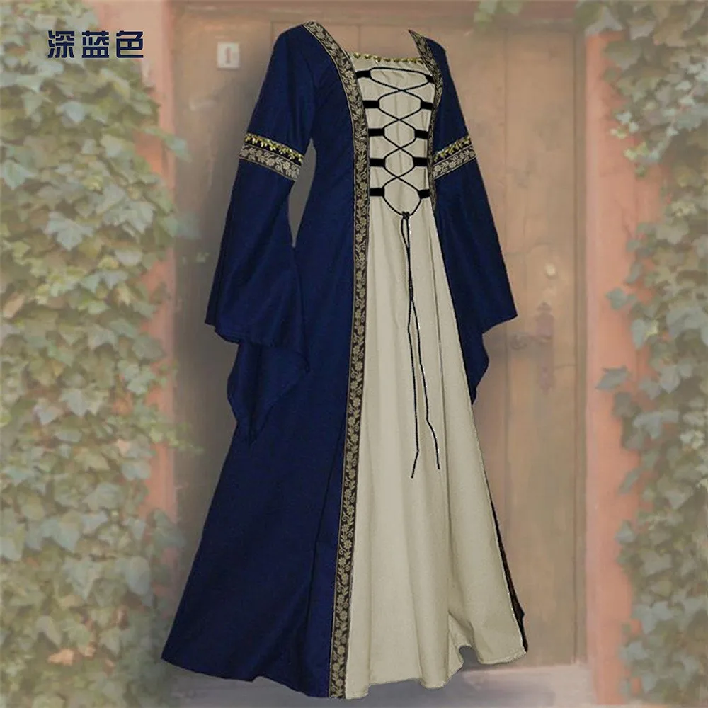Bell Sleeve Long Sleeve a Line Sexy Dress with Patchwork Maxi Length Retro Square Neck Literary Retro Long Dress for Women - view 2