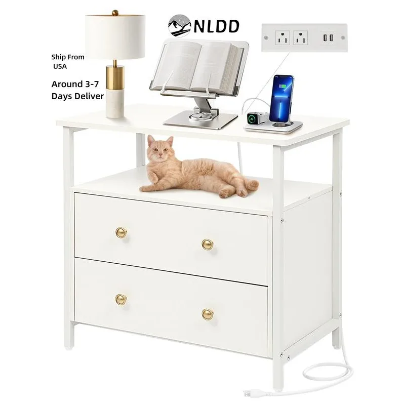 

NLDD 27 inch Wide Nightstand with Charging Station, Bedside Table with Open Shelf, 2 Drawers Small Wood Dresser, End Side m