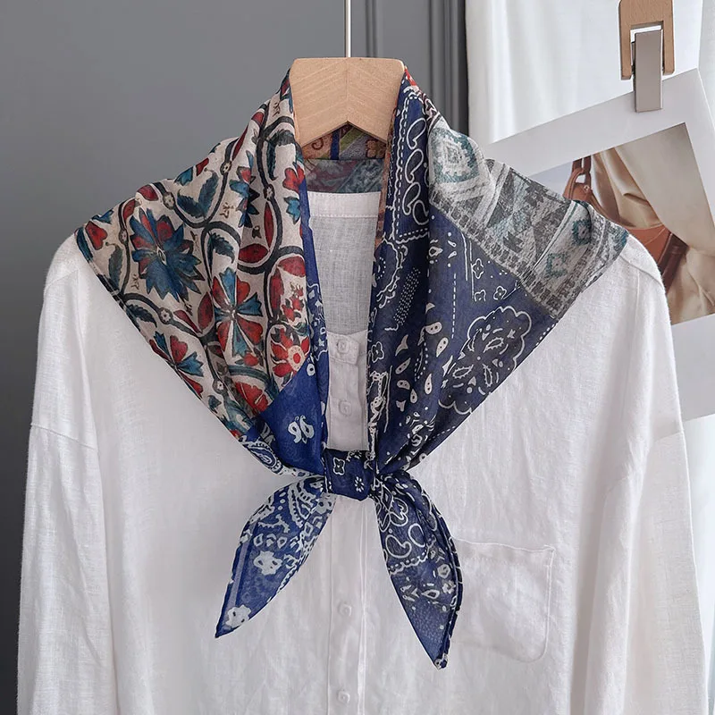 

Silk French vintage square scarf women, soft68x68Travel headscarf, thin and stylish,-style scarf