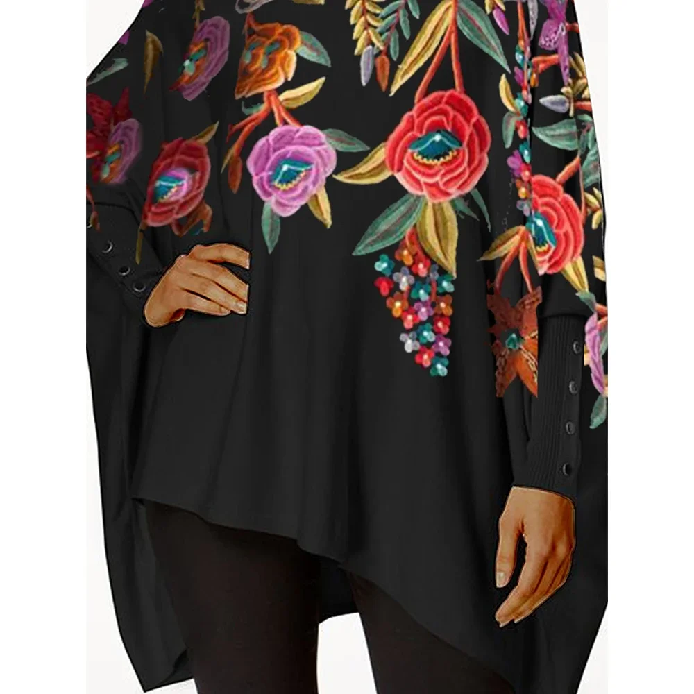 Plus Size Women’s Pullovers Floral Printed Round Neck Elegant Long Sleeves Spring Irregular Hem Tops Vintage Loose Female Shirts