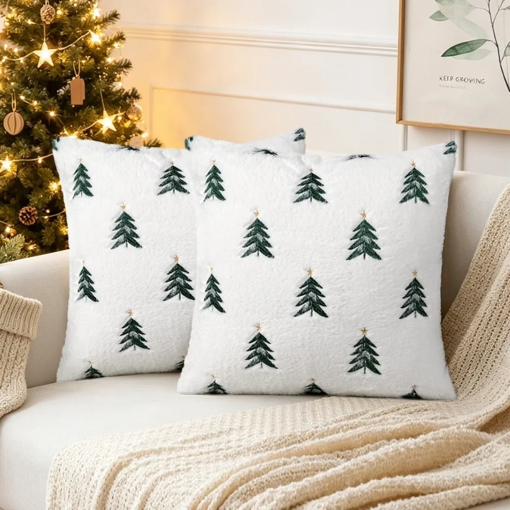 Home Decor Soft Fluffy Christmas Pillow Cover Xmas Tree Cozy Holiday Pillowcase No Pillow Core Square Throw Pillow Cover Sofa