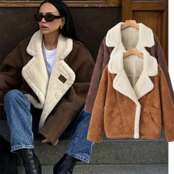 French Vintage Lamb Wool Women Coat Patchwork Full Sleeve Lapel Parka Coat Loose Winter Warm Jacket Thicken Pocket Lady Overcoat