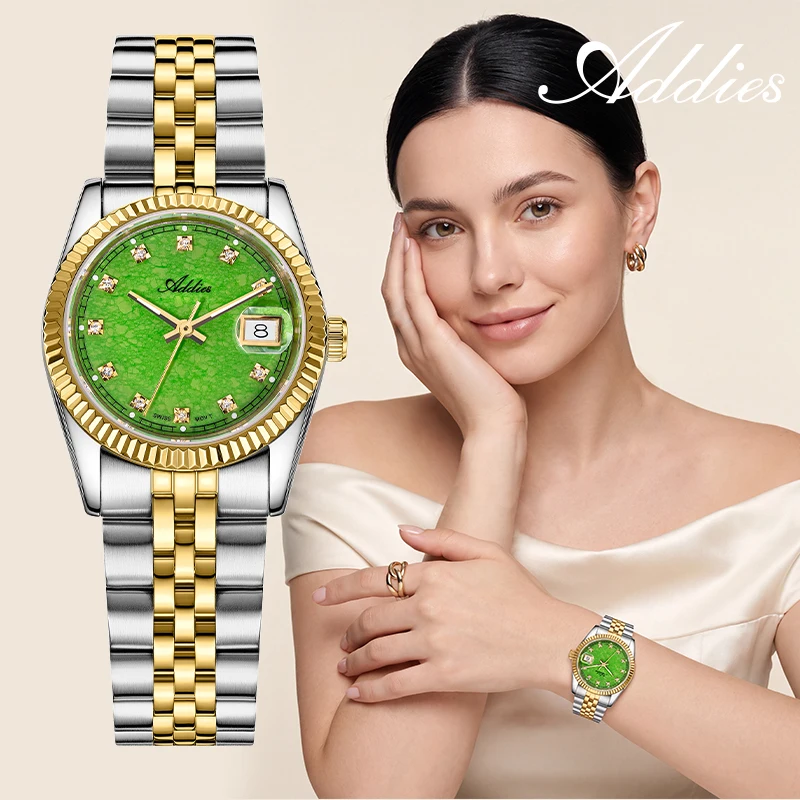 Addies Women Watch Sapphire Crystal 316L Stainless Steel Quartz Wristwatch Date Display Waterproof Luxury Ladies Watch Luminous
