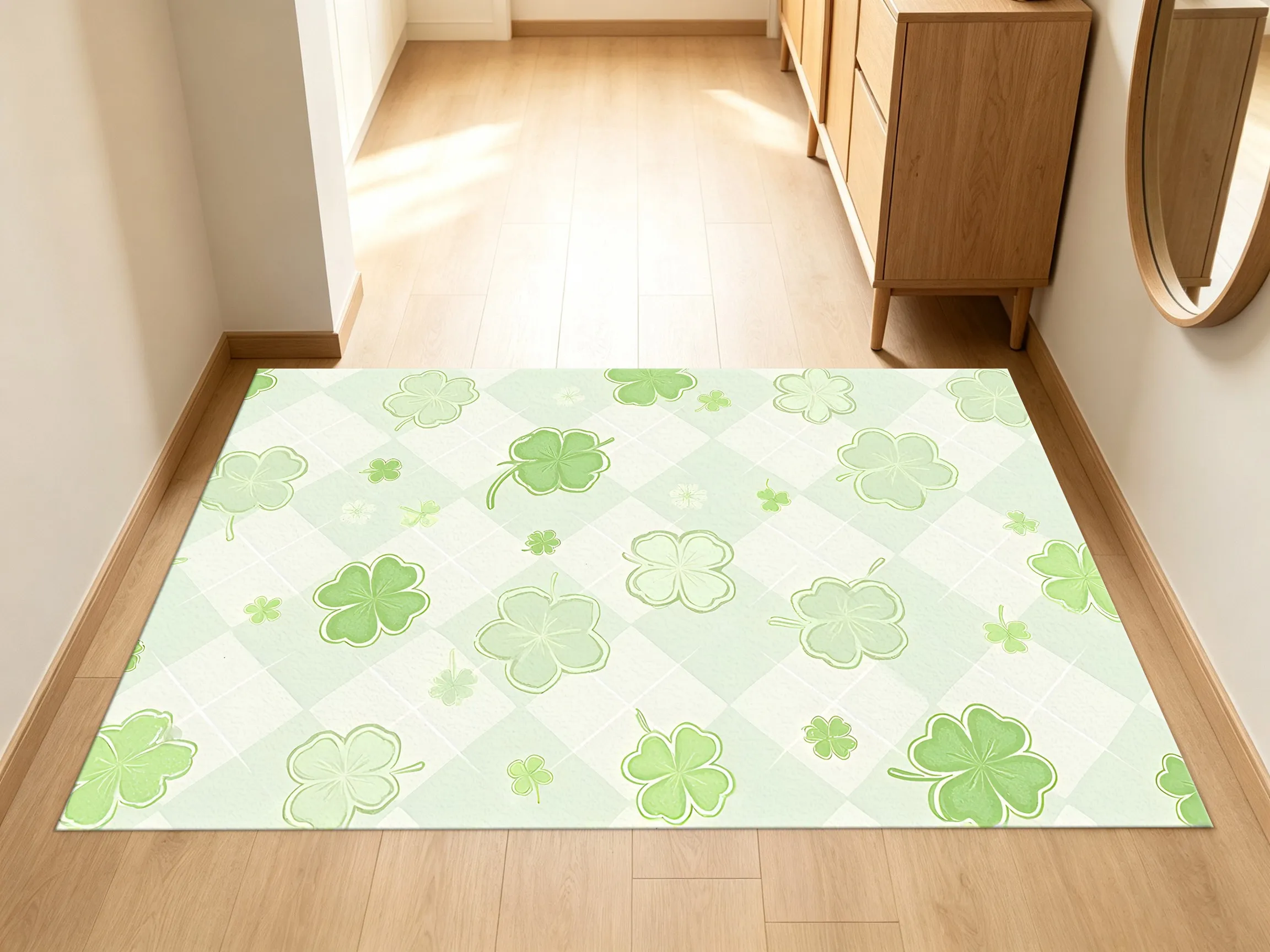 Light Green Plaid Four-Leaf Clover Velvet Rug, Fresh St. Patrick's Day Decor for Bedroom & Living Room